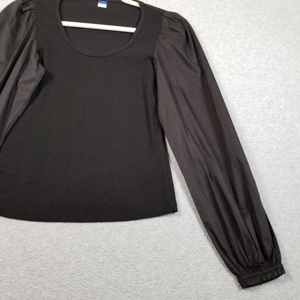 NEW Old Navy Top Women S Small Black Mixed Media Ribbed Knit Puff Sleeve Blouse